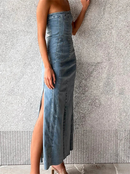 Amy Fashion - Women Tube  Strapless Backless Denim Back Zip Up Summer Side Split Club Party Female Vestidos