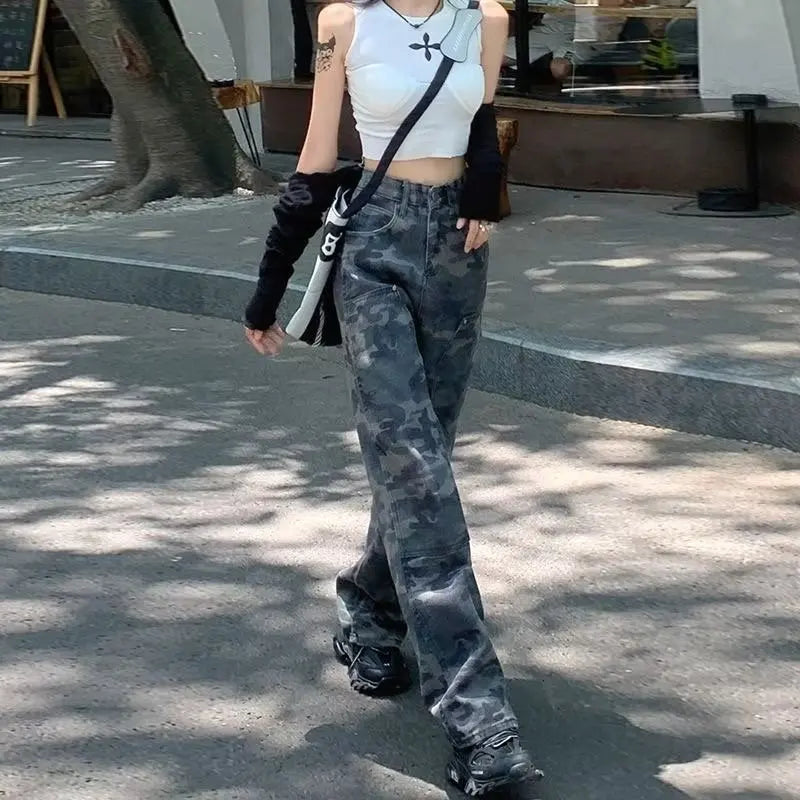 Amy Fashion - Fashion Camouflage Workwear Spicy Girl Xia Chunqiu High Waisted Wide Legged Slimming Floor Mop Pants Jean