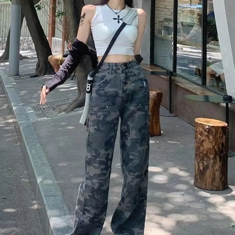 Amy Fashion - Fashion Camouflage Workwear Spicy Girl Xia Chunqiu High Waisted Wide Legged Slimming Floor Mop Pants Jean