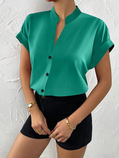 Casual Solid Office Lady Short Sleeve Slim White Blouse