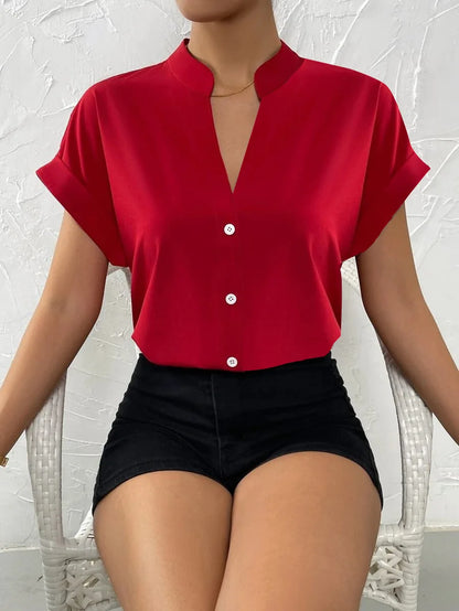 Casual Solid Office Lady Short Sleeve Slim White Blouse