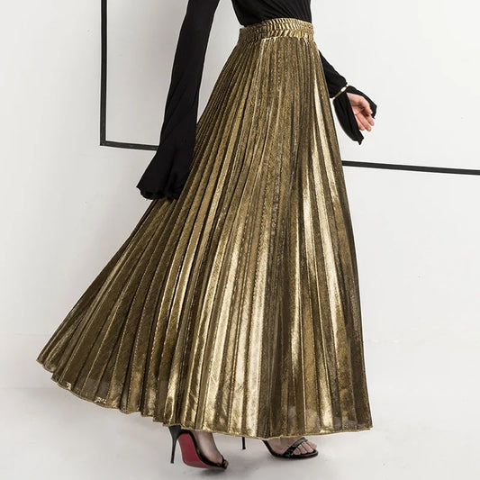 Check Pleated Maxi High Waist Large Swing Gold Long Skirt