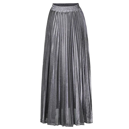 Check Pleated Maxi High Waist Large Swing Gold Long Skirt