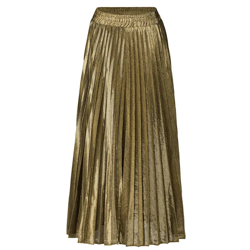 Check Pleated Maxi High Waist Large Swing Gold Long Skirt