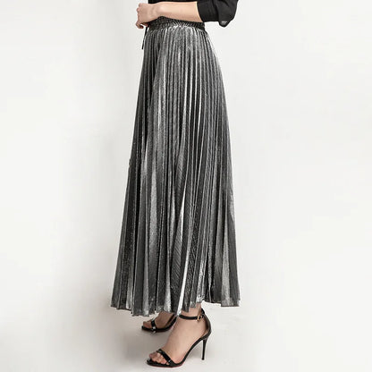 Check Pleated Maxi High Waist Large Swing Gold Long Skirt