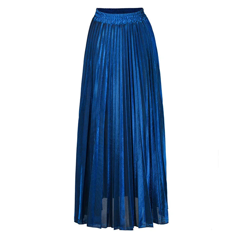 Check Pleated Maxi High Waist Large Swing Gold Long Skirt