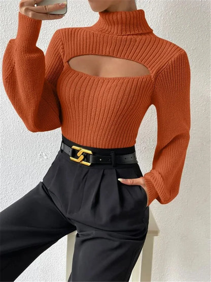 Chest Hollowed-out Sexy Loose Matching Fall Winter Turtleneck Sweater