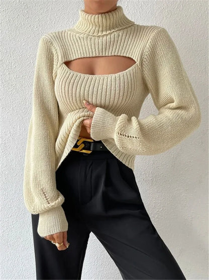 Chest Hollowed-out Sexy Loose Matching Fall Winter Turtleneck Sweater