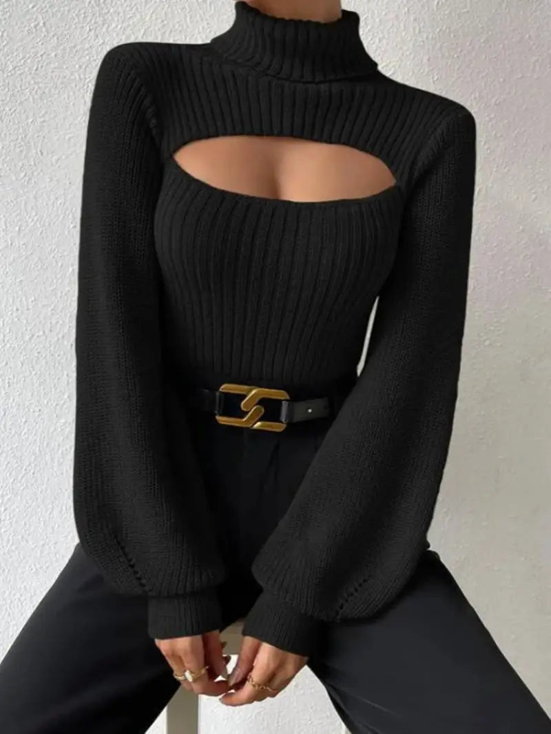 Chest Hollowed-out Sexy Loose Matching Fall Winter Turtleneck Sweater