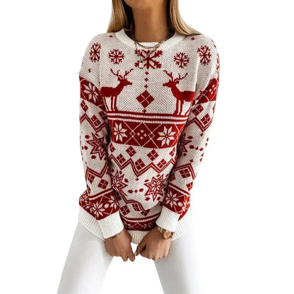 Deer Print Casual Loose Long Sleeve O Neck Christmas Sweater