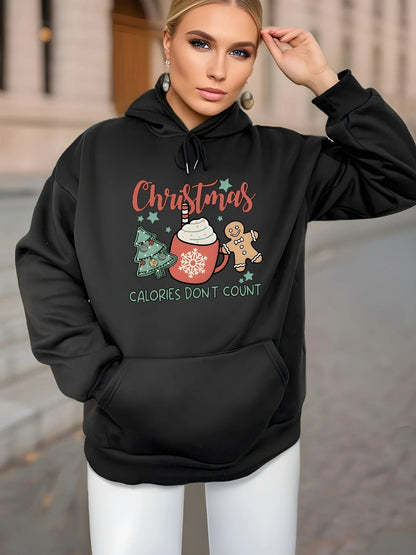 Fleece Lined Drawstring Sports Hoodie with Christmas Tree Design