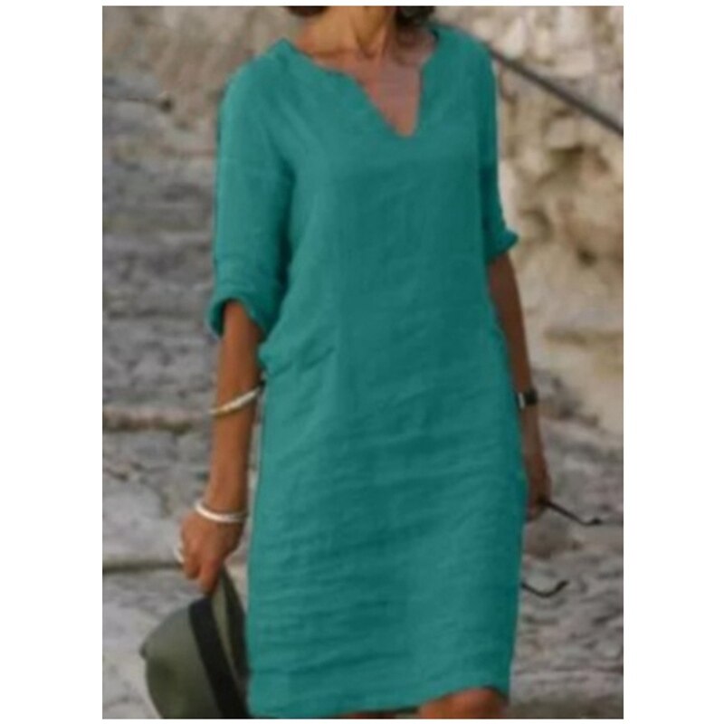 Amy Fashion - Short Sleeve Solid V Neck Baggy Dress