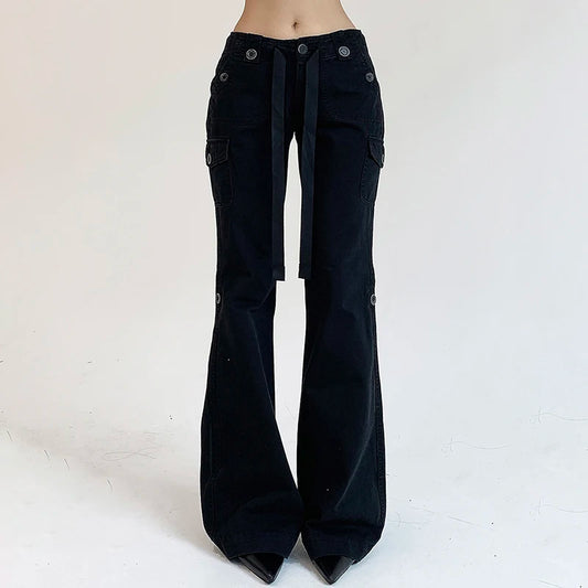 Vintage Y2K Chic Brown Low Waisted Flared Stitched Grunge Streetwear Slim Denim Jean