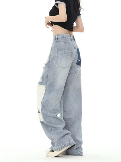 Amy Fashion - Broken Hole Patch Summer Crowd High Waist Loose Straight Leg Women's Jean