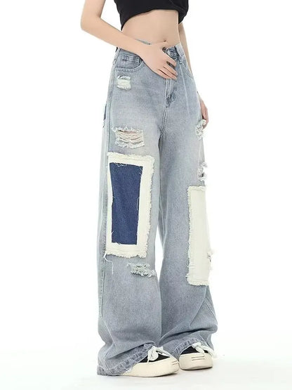 Amy Fashion - Broken Hole Patch Summer Crowd High Waist Loose Straight Leg Women's Jean