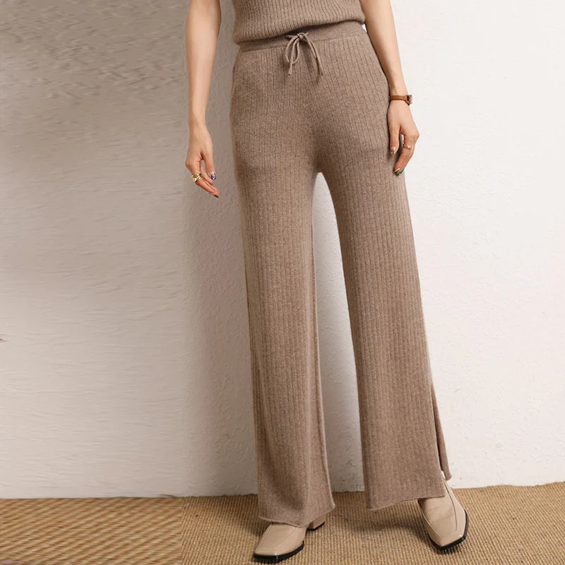 Cashmere Side Slit Wide Leg Warm High-Quality Pants