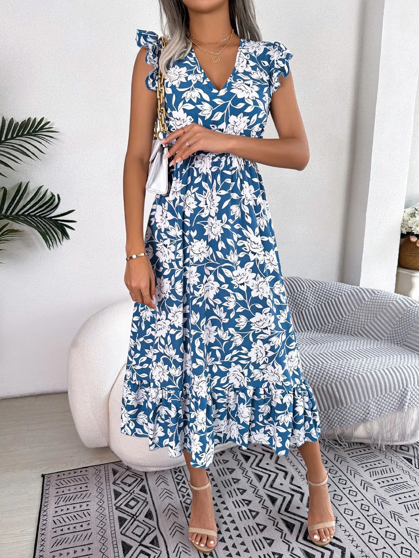 Amy Fashion - Sleeveless V Neck Summer A Line Midi Dress Boho Dress