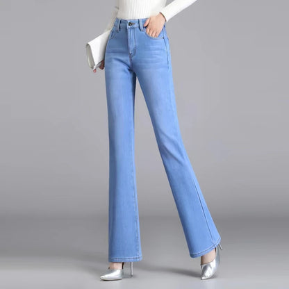 Amy Fashion - Elastic High Waist Woman Flare 2024 New Korean Fashion Clothing Pockets Slim Denim Solid Casual Flare Jean