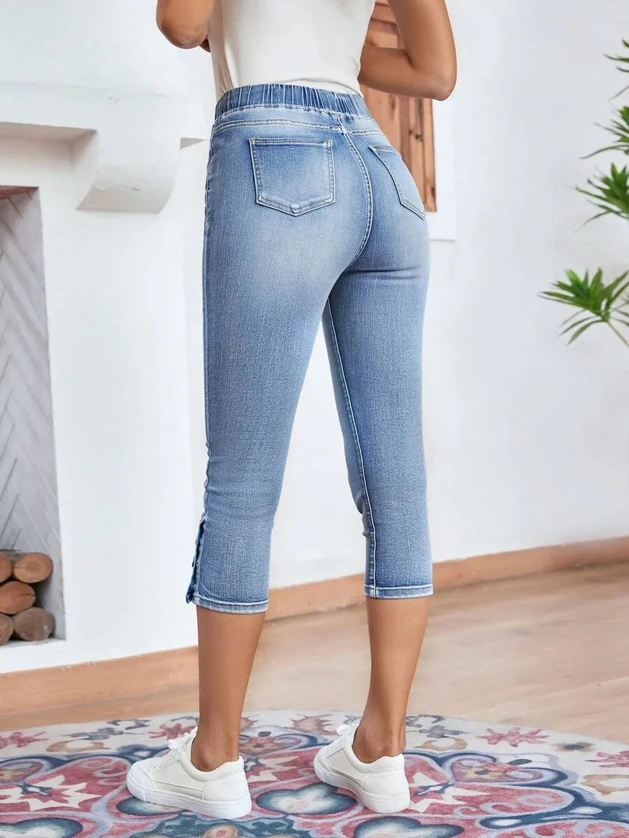 Amy Fashion - Elastic Waist Calf-Length Summer Casual Skinny Fashion High Slim Jean