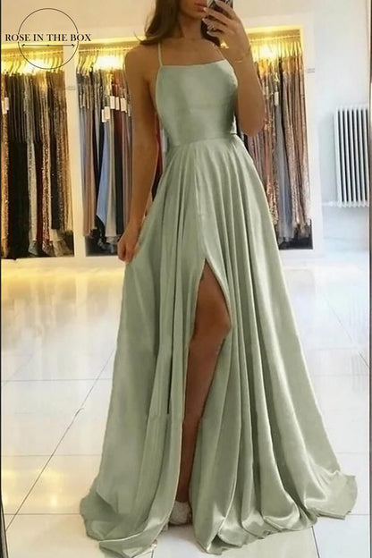 Amy Fashion - Backless Side Slit Halter Satin Evening Party Dress