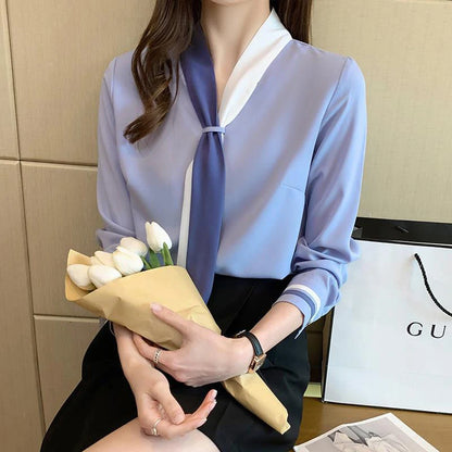 Elegant Scarf Collar Beading Spring Autumn Casual Tops Blouse