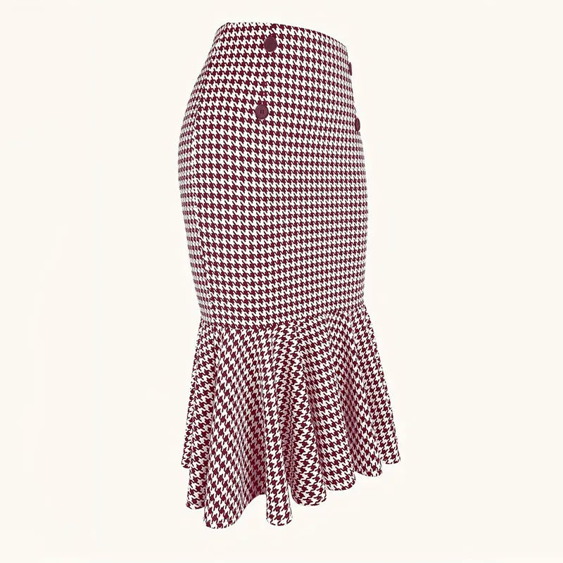 Elegant Houndstooth Printed Knee Length Fashion High Waist Slim Skirt