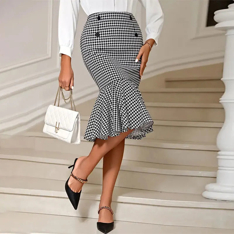 Elegant Houndstooth Printed Knee Length Fashion High Waist Slim Skirt