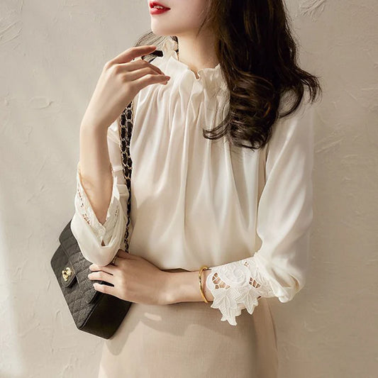 Elegant Folds Solid Color Autumn Winter Princess Sleeve Blouse