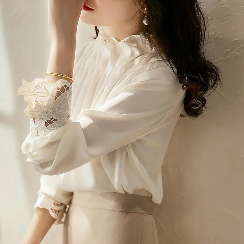 Elegant Folds Solid Color Autumn Winter Princess Sleeve Blouse