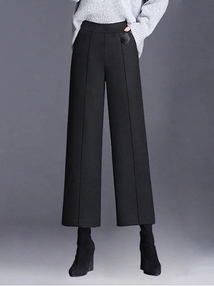 Elegant Woolen Blend Wide Leg High Waist Office Pants