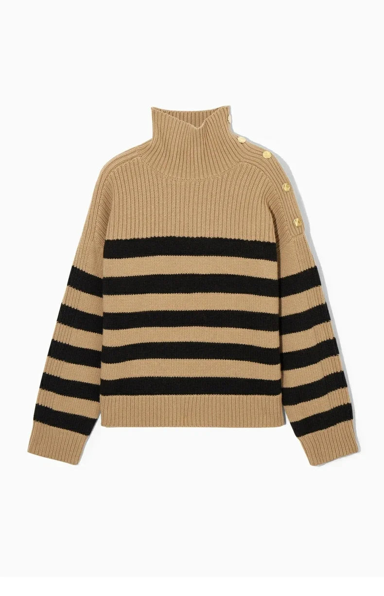 2024 Autumn New Style Standard One-shoulder Button-striped Casual Chic Sweater