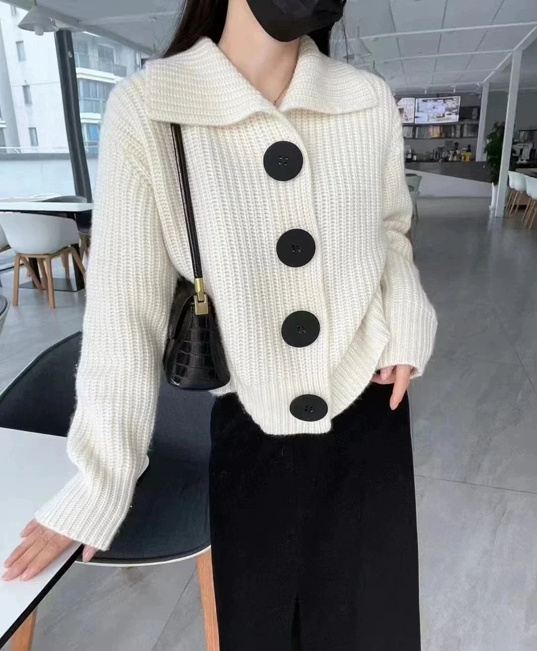 European Cashmere POLO Collar Long Sleeve Loose Wool Knit Sweater