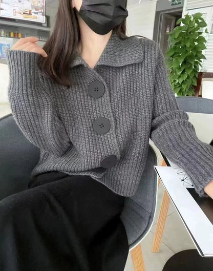 European Cashmere POLO Collar Long Sleeve Loose Wool Knit Sweater