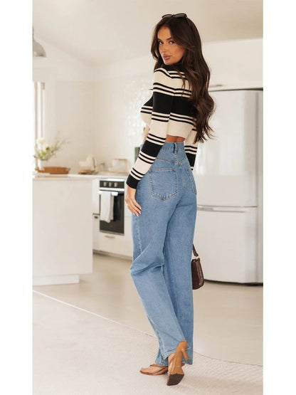 Amy Fashion - European and American Women's Washed Fashion Long Basic Straight-leg Pants All-match for All Seasons Jean