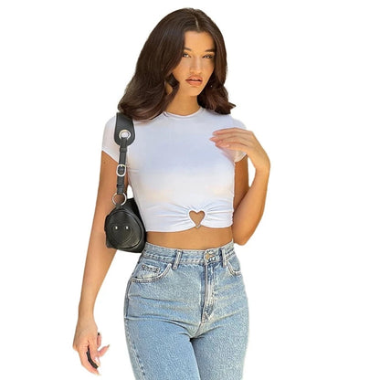 Summer Heart Rings Cutout Short Sleeve Blouses Crop Top