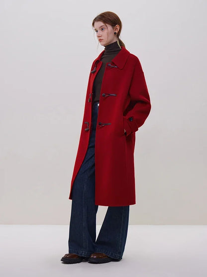 Horn Button College Style Red Camel Simple Mid-Length Black Wool Coat