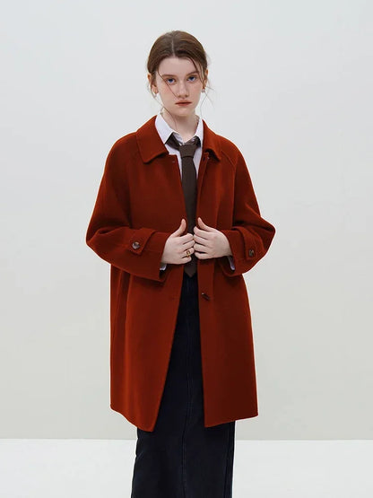 Wool Polo Neck Single Breasted Apricot Mid-Length Retro Simple Raglan Sleeve Wool Coat