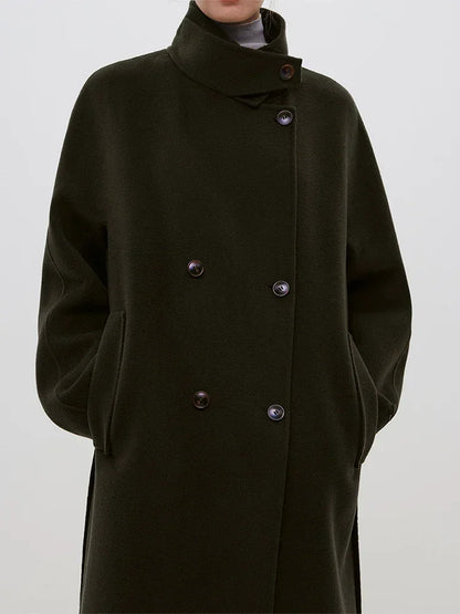 Wool Stand Collar Diagonal Placket Design Double-Breasted Long Dark Green Straight Commuter Black Coat