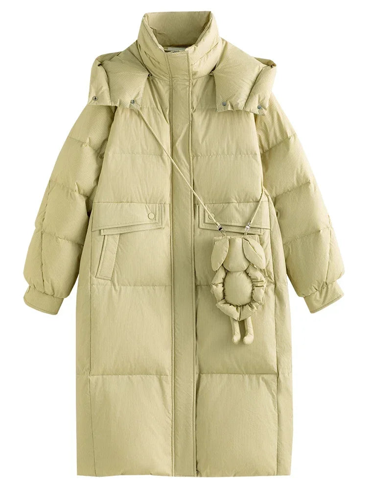 Solid Duck Down Detachable Bunny Bag Long Warm Winter Coat