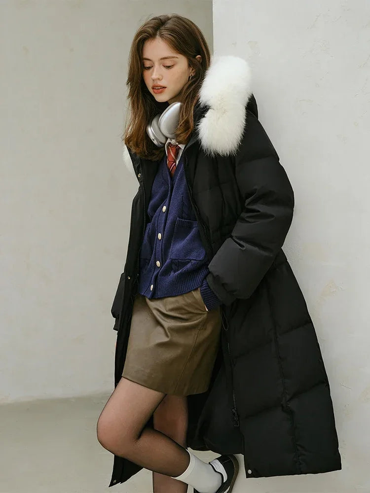 Winter Warm Black Long Light Yellow Fox Fur Collar Straight Down Coat