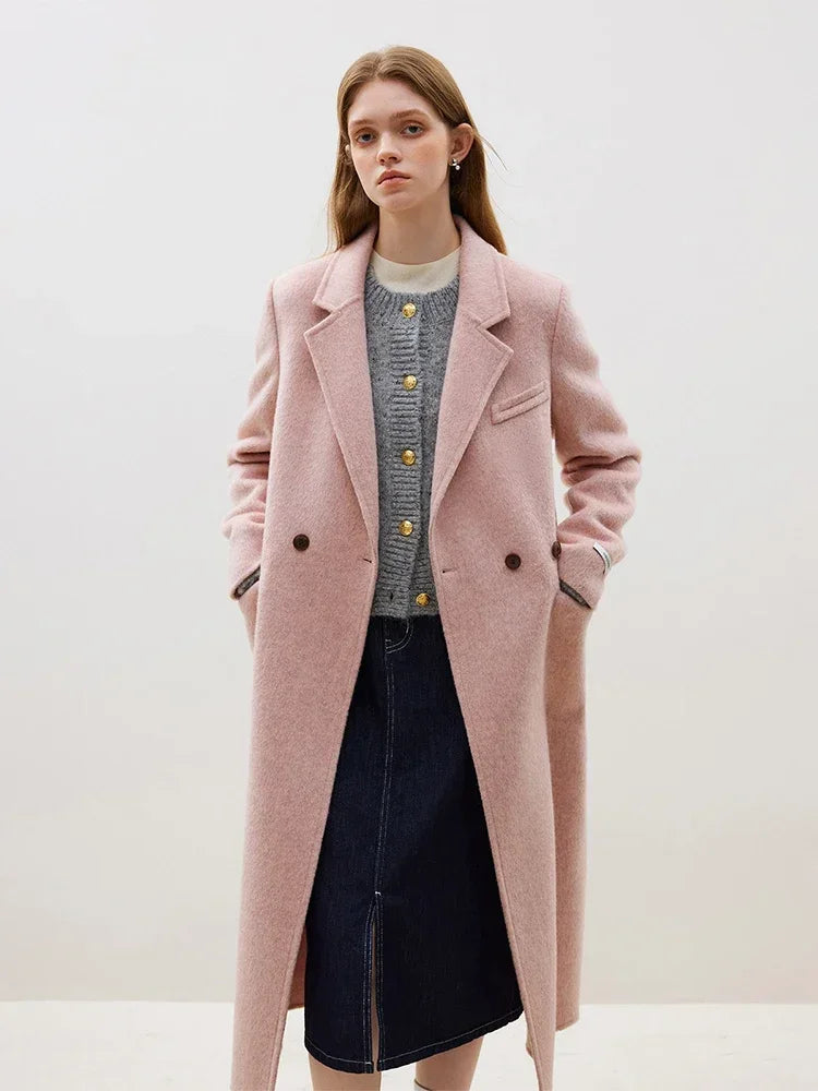 Wool Front Shoulder Temperament Long Notched Collar Double-sided Female Coat