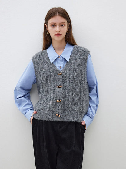 College Style Knitted Vest Autumn Winter New Horn Button Sweater Tank Tops Casual Office Lady Coat