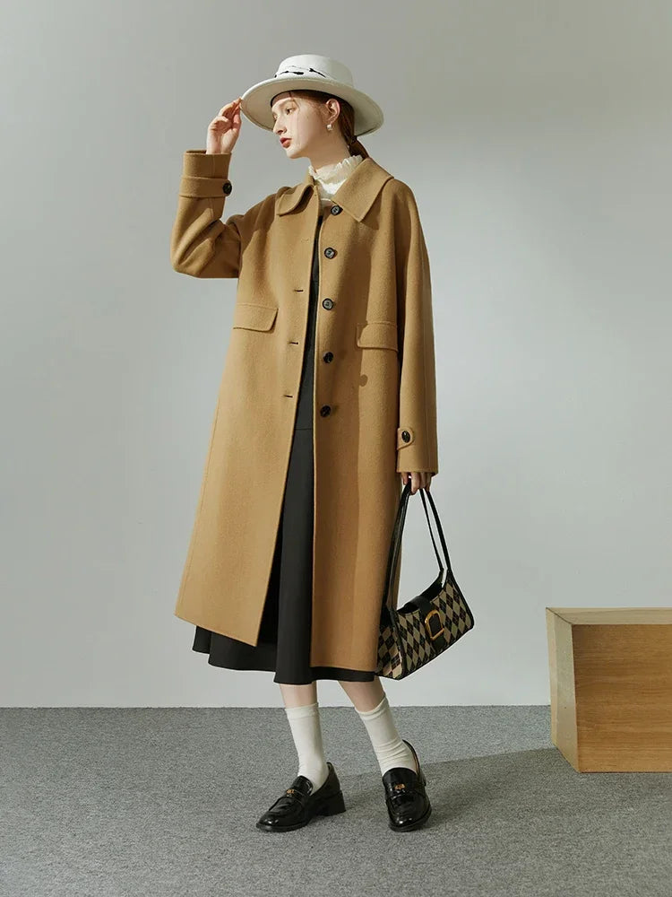 Hepburn Style Polo Collar Long Woolen Autumn Winter Office Lady Single-breasted Full Wool Coat