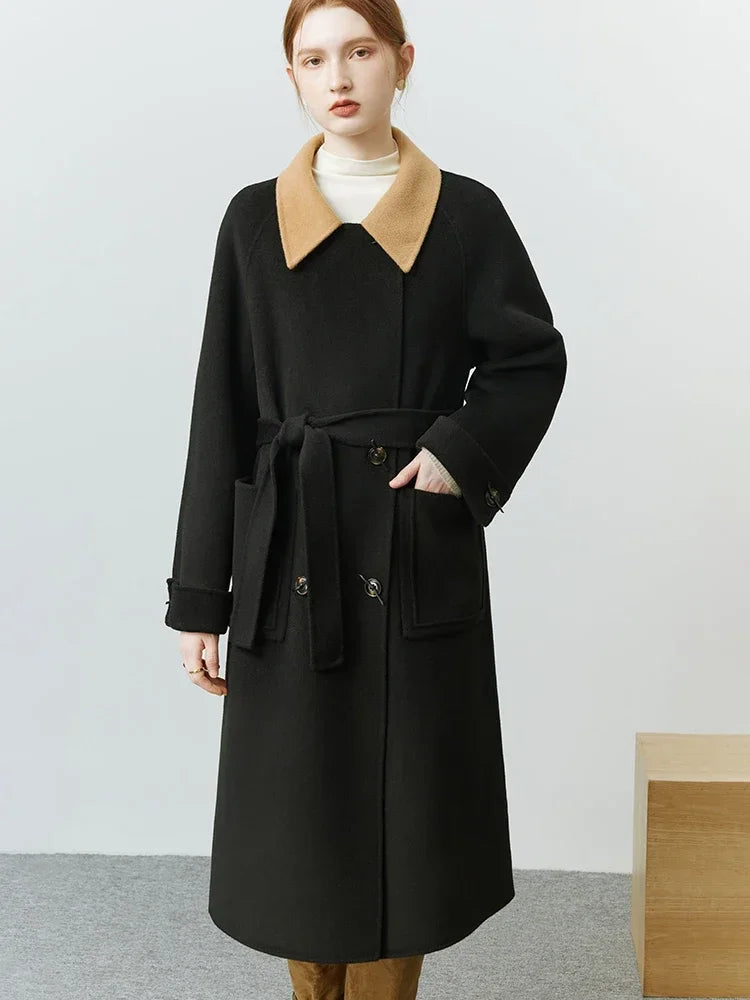 Korean Style Colorblock Lapel Double-sided Elegant Wind Mid-length Coat