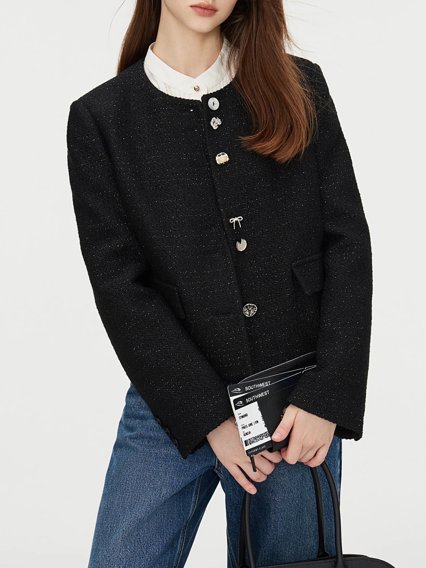 Round Neck Front Shoulder Black Short Special-Shaped Button Design Coat