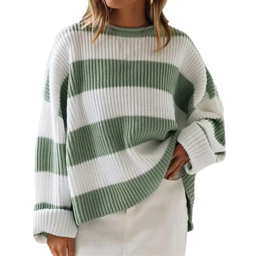 Fall Winter Colorblock Knitted Thick Loose Warm Elastic Cozy Sweater