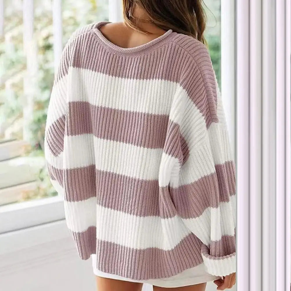 Fall Winter Colorblock Knitted Thick Loose Warm Elastic Cozy Sweater