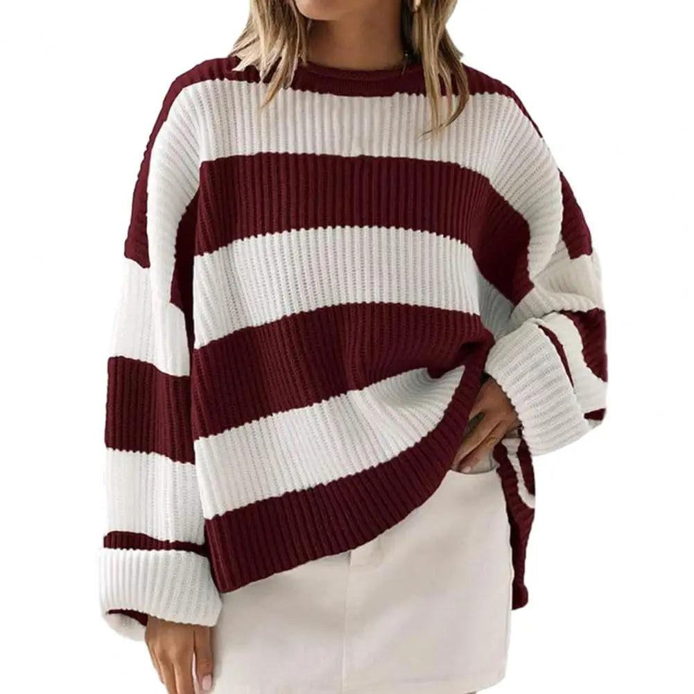 Fall Winter Colorblock Knitted Thick Loose Warm Elastic Cozy Sweater