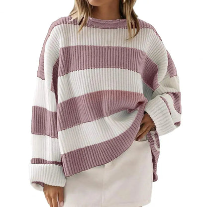 Fall Winter Colorblock Knitted Thick Loose Warm Elastic Cozy Sweater