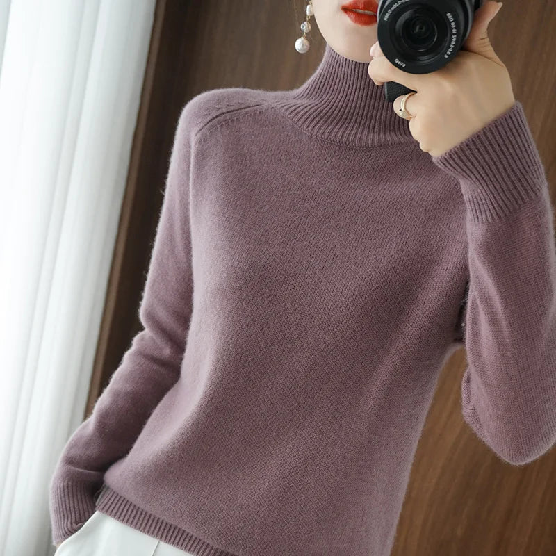 Fashion Basic Autumn Winter Merino Wool Mock Neck Cashmere Pullover Soft Long Sleeve Sweater